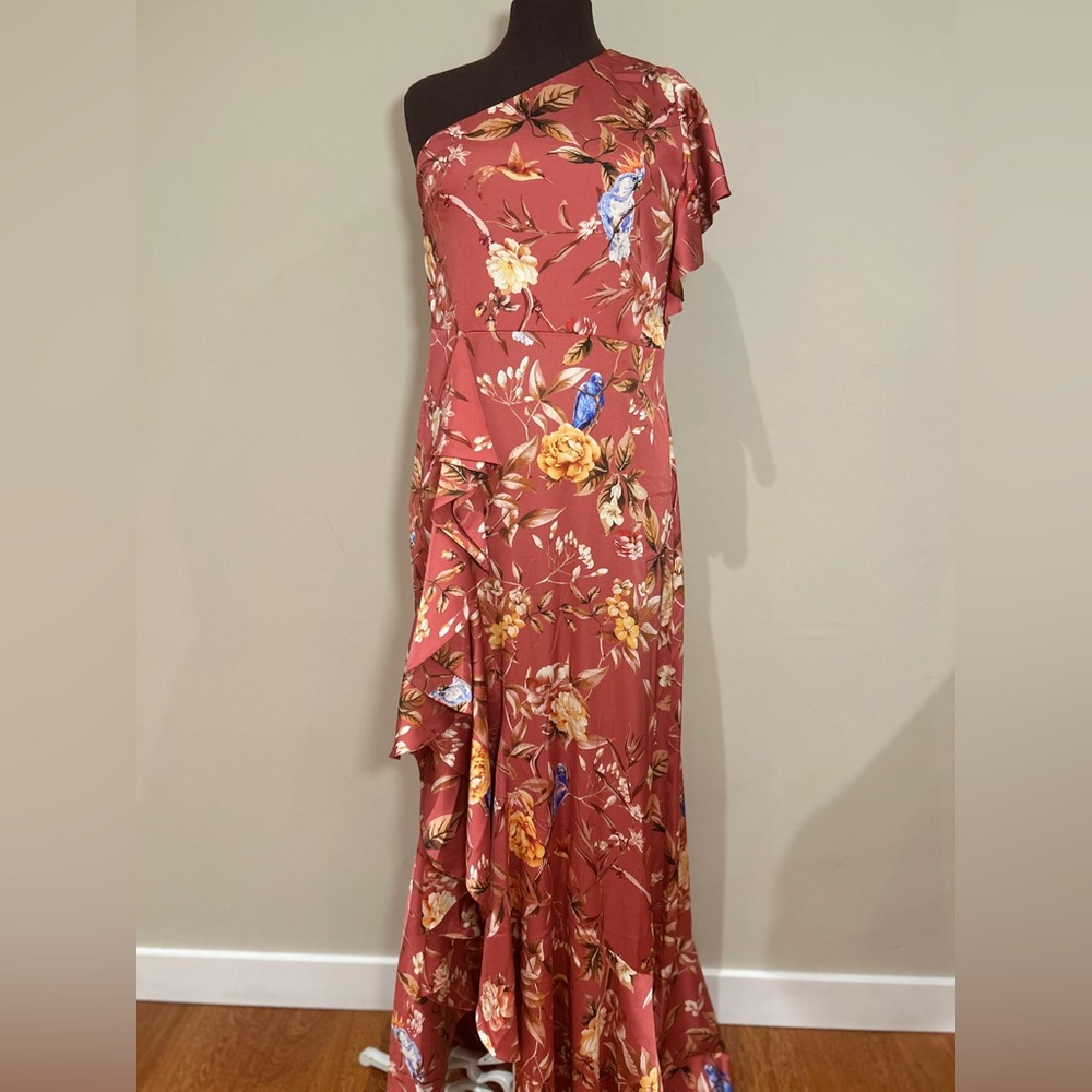 Express floral satin one-shoulder maxi dress